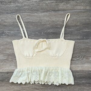 Cream Lace Trim Knit Crop Top